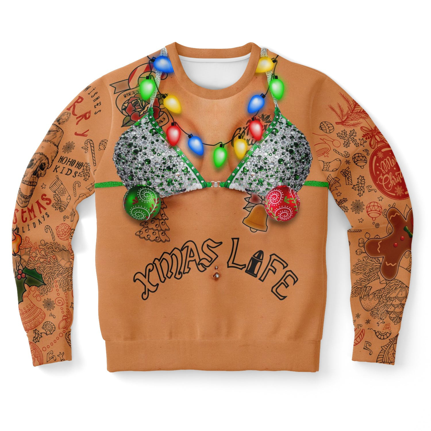 Christmas Life Bra & Tattoos Skeleton Santa Ugly Christmas Sweater