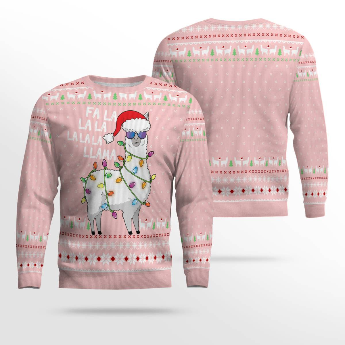 Cool Llama Ugly Christmas Sweater Green Powder Pink