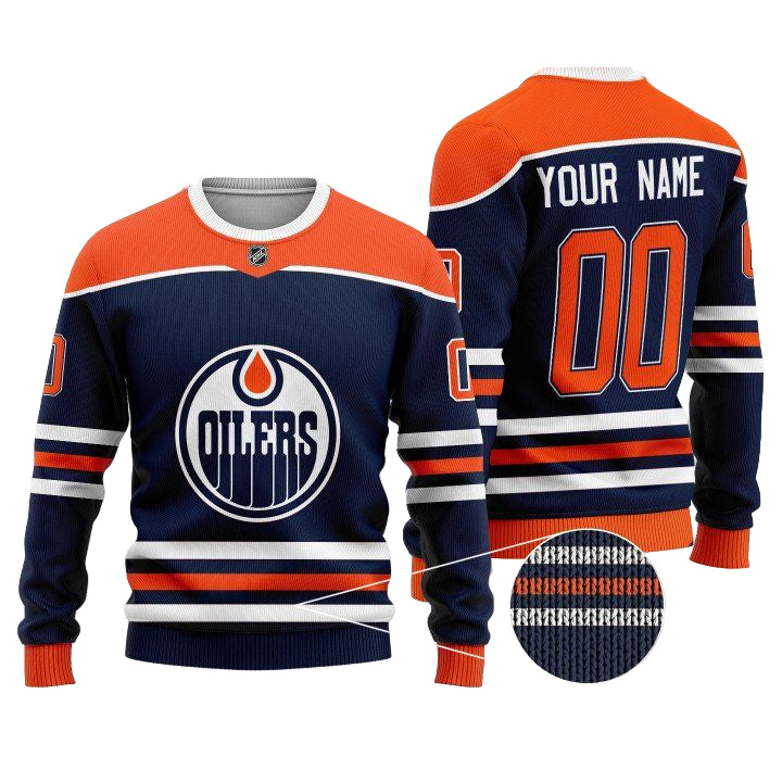 Custom Name Number Nhl Edmonton Oilers Navy Sweater