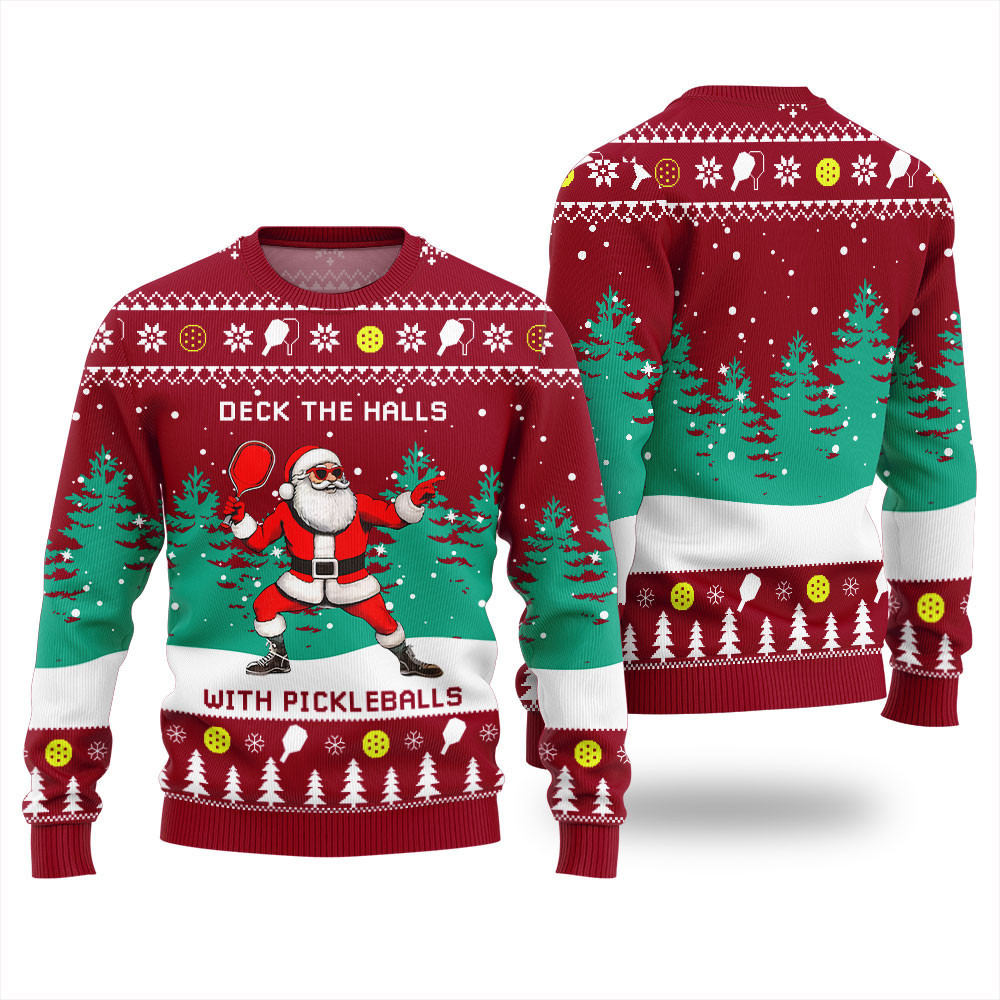 Deck The Hall Pickleball Santa Ugly Christmas Sweater Red