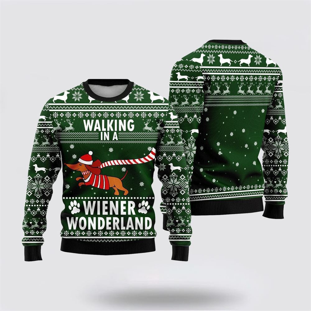 Dog Walking In A Wiener Wonderland Ugly Christmas Sweater Green
