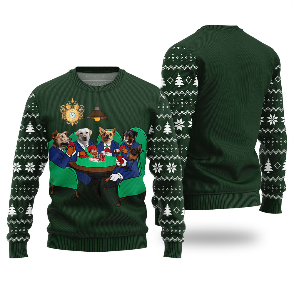 Dogs Playing Poker Christmas Ugly Sweater Green