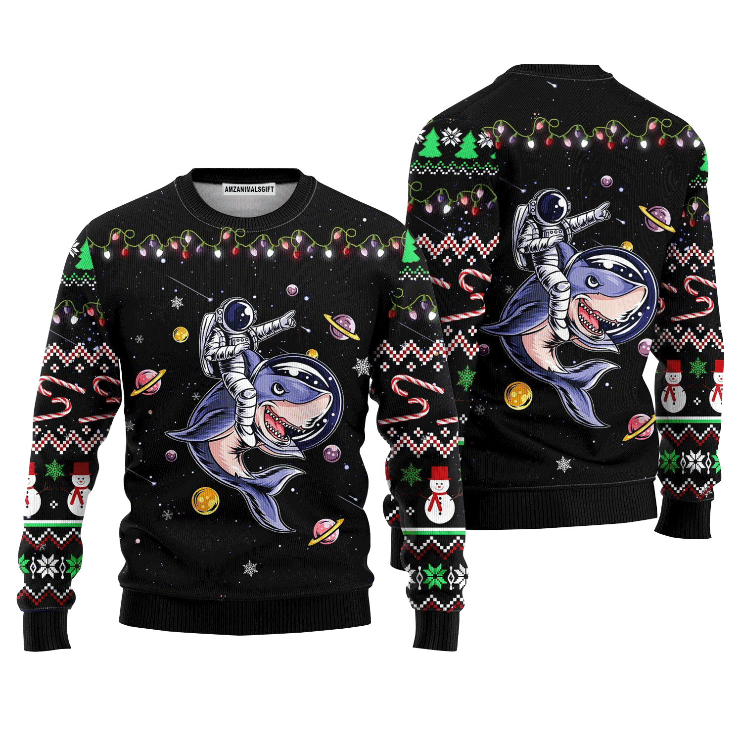 Funny Astronauts Ride A Shark In Space With The Planet Ugly Sweater