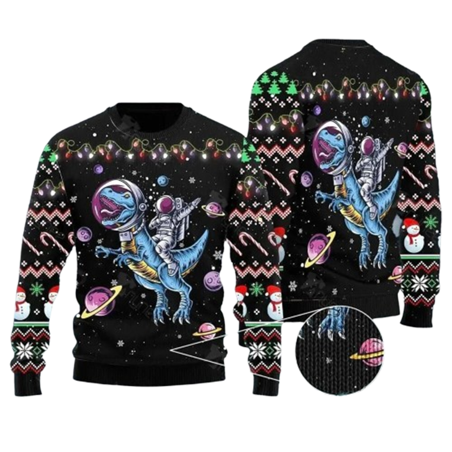 Funny Astronauts Ride A T Rex In Space With The Planet Ugly Christmas Sweater