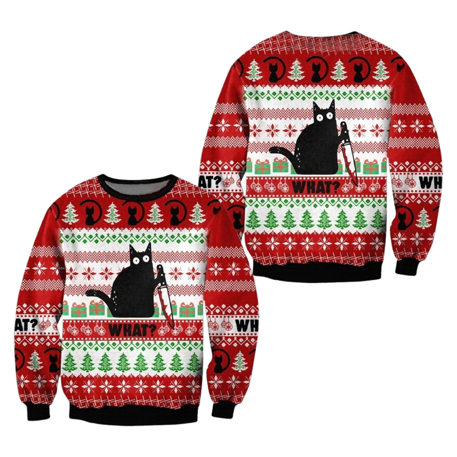 Funny Black Cat Christmas Gift For Lovers Creep Christmas Murder Cat Sweater New Year Eve Holiday Sweater Ugly Christmas Sweater