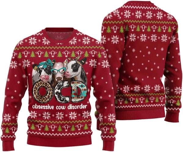 Funny Cow OCD Obsessive Cow Disorder Ugly Christmas Sweater Red