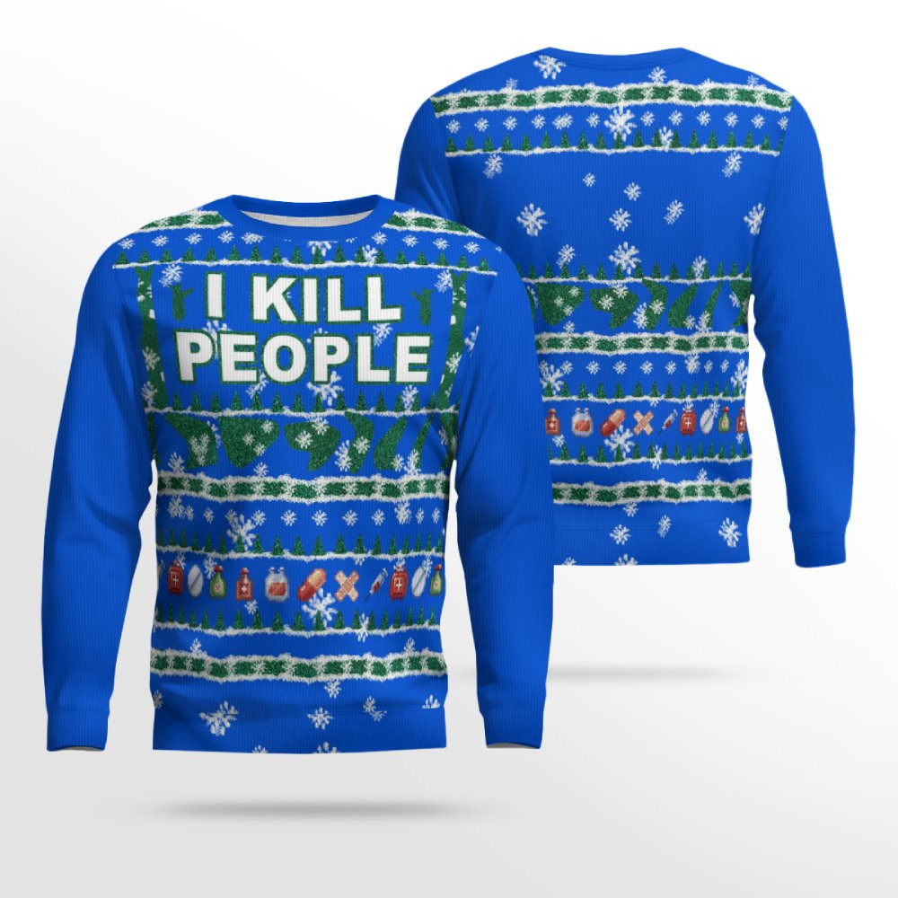 I Kill People Ugly Christmas Sweater Blue