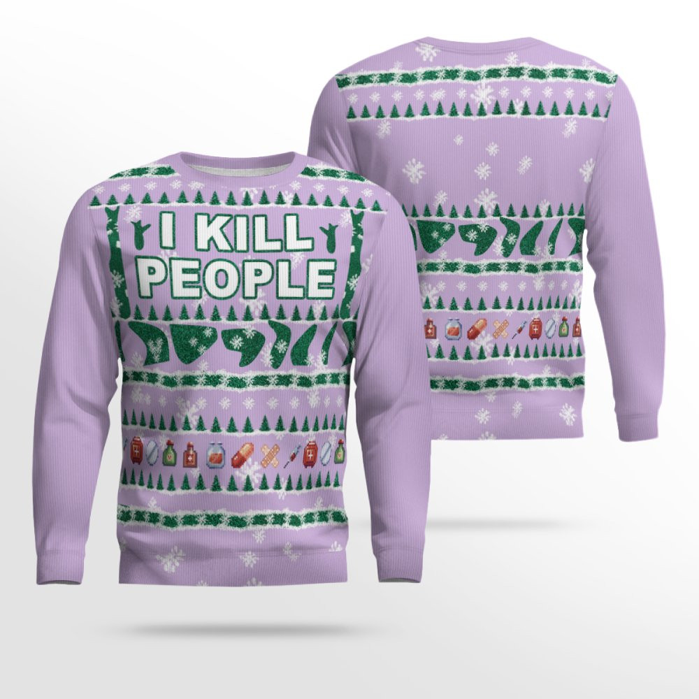 I Kill People Ugly Christmas Sweater Dreamy Lavender