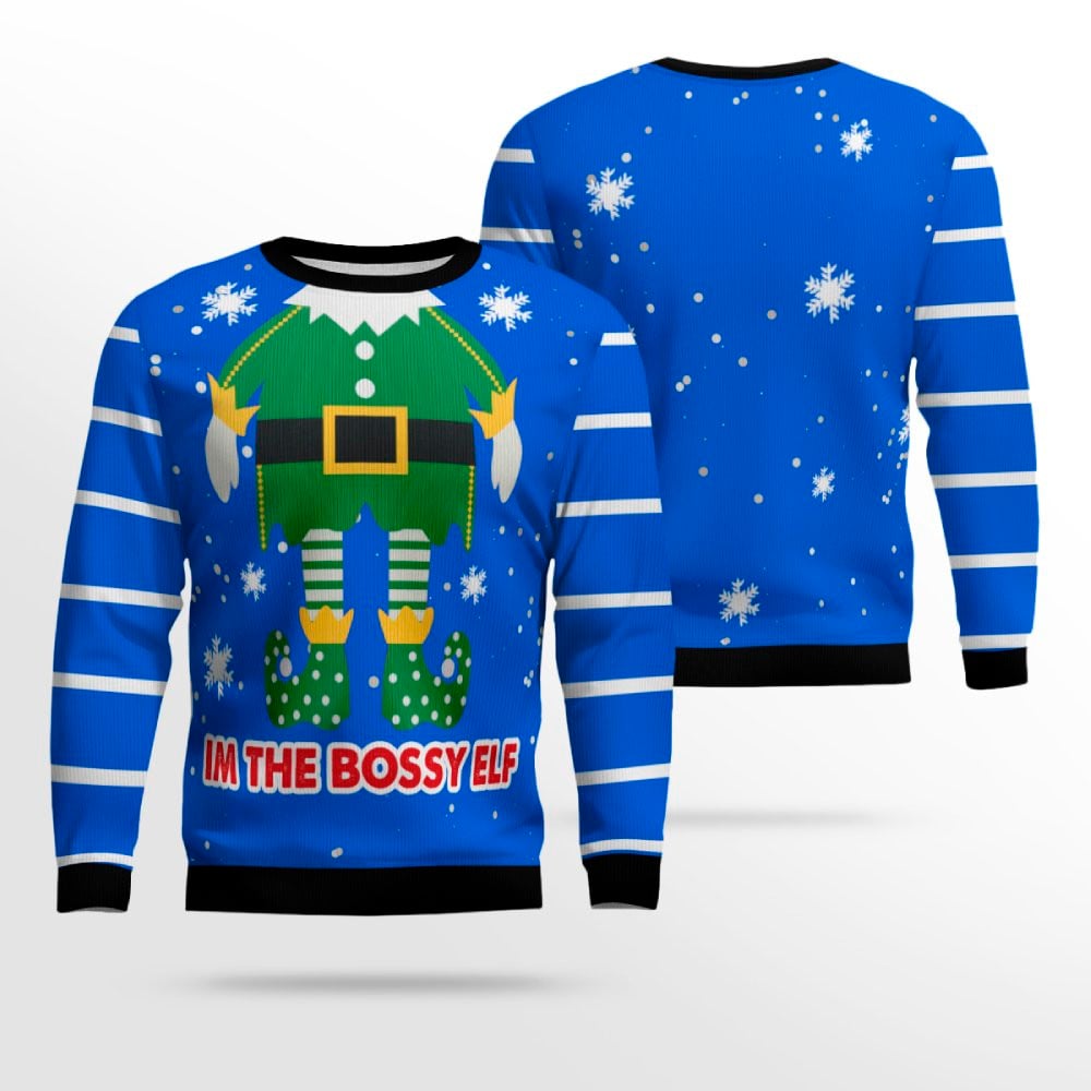 Im The Bossy Elf Ugly Christmas Sweater Blue