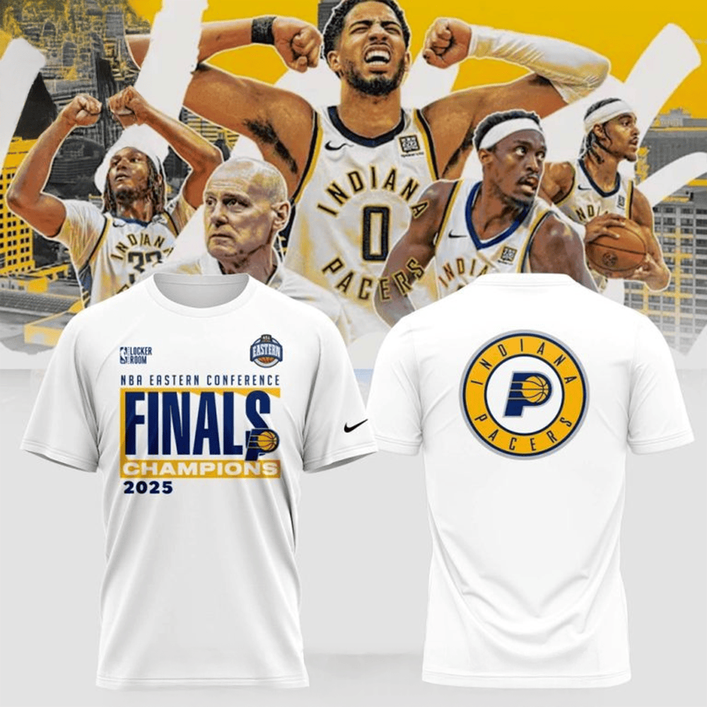 Indiana Pacers NBA Eastern Conference Finals Champions 2025 White T-Shirt Indiana Pacers Merch