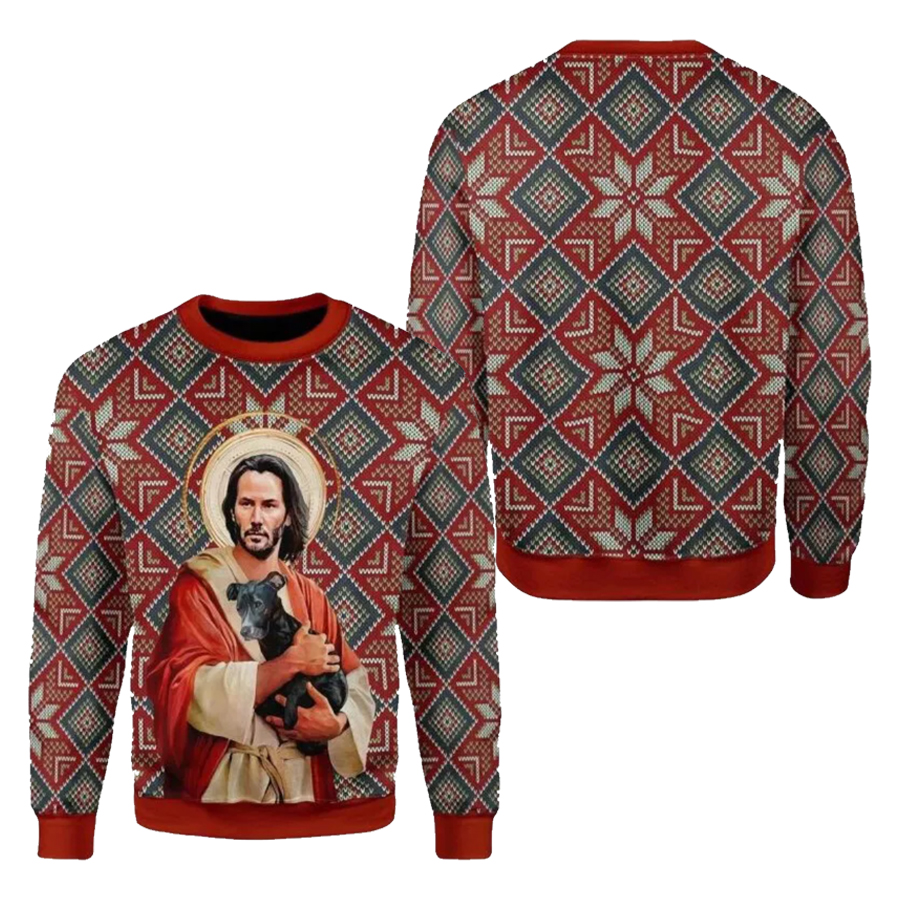 Jesus Keanu Reeves With Dog Ugly Christmas Sweater