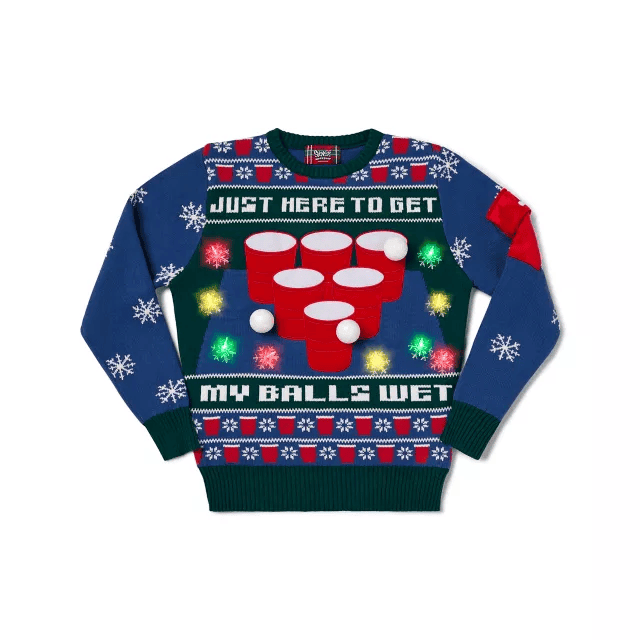 Just Here to Get My Balls Wet Beer Pong Ugly Christmas Sweater