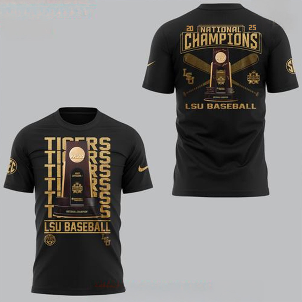 LSU Tigers 2025 NCAA Baseball National Champions Black T-Shirt LSU Tigers Merch Dad Gifts