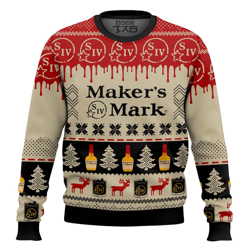 Makers Mark Bourbon Whisky Pine Tree & Reindeer Ugly Christmas Sweater