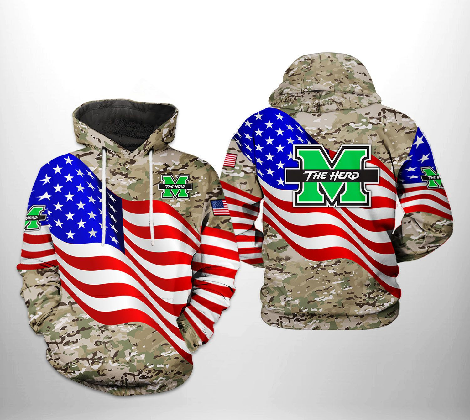 Marshall Thundering Herd NCAA US Flag Camo Veteran Hoodie Zip Hoodie