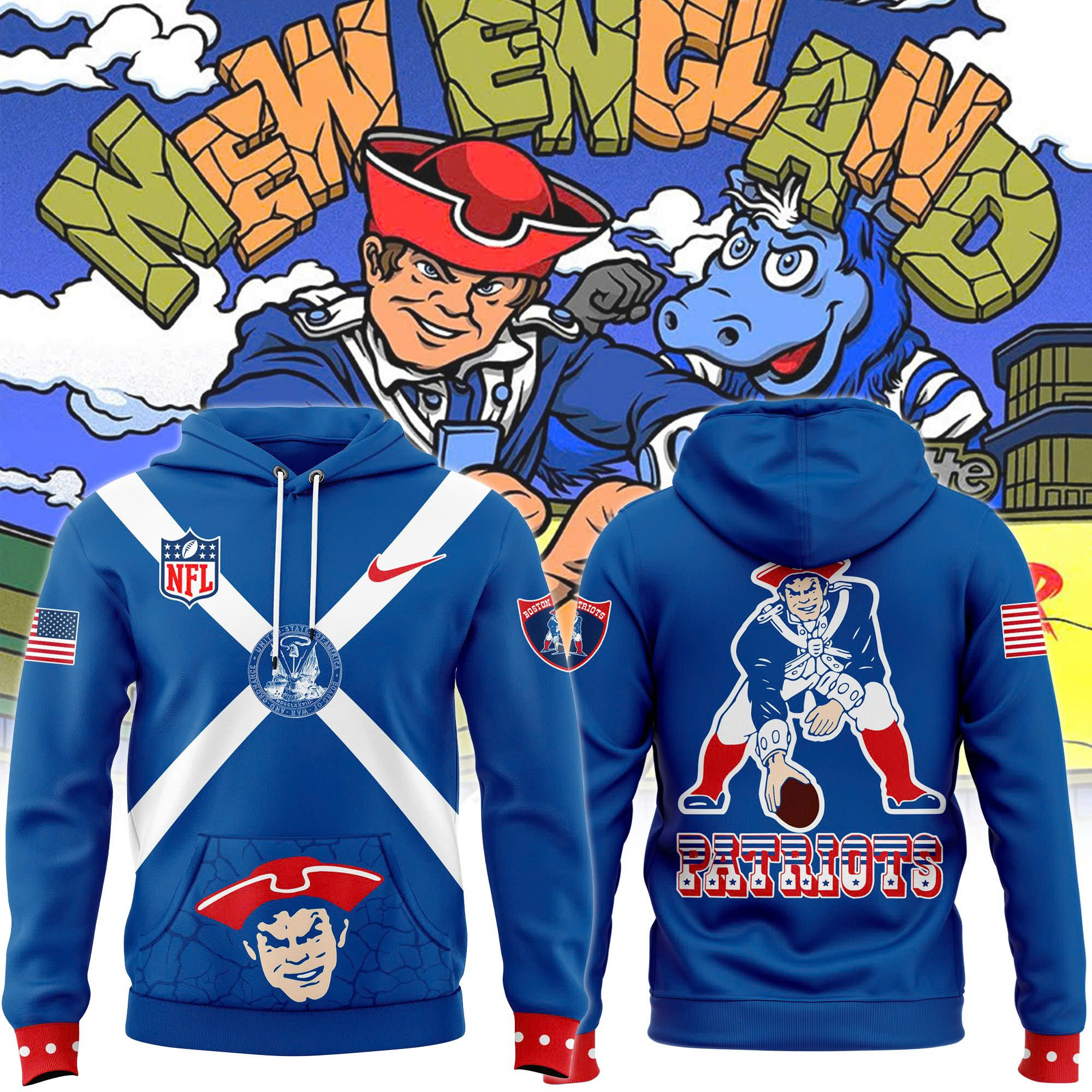 Mens Blue New England Patriots Throwback Logo Club Fleece Pullover Hoodie Presents For Football Lovers