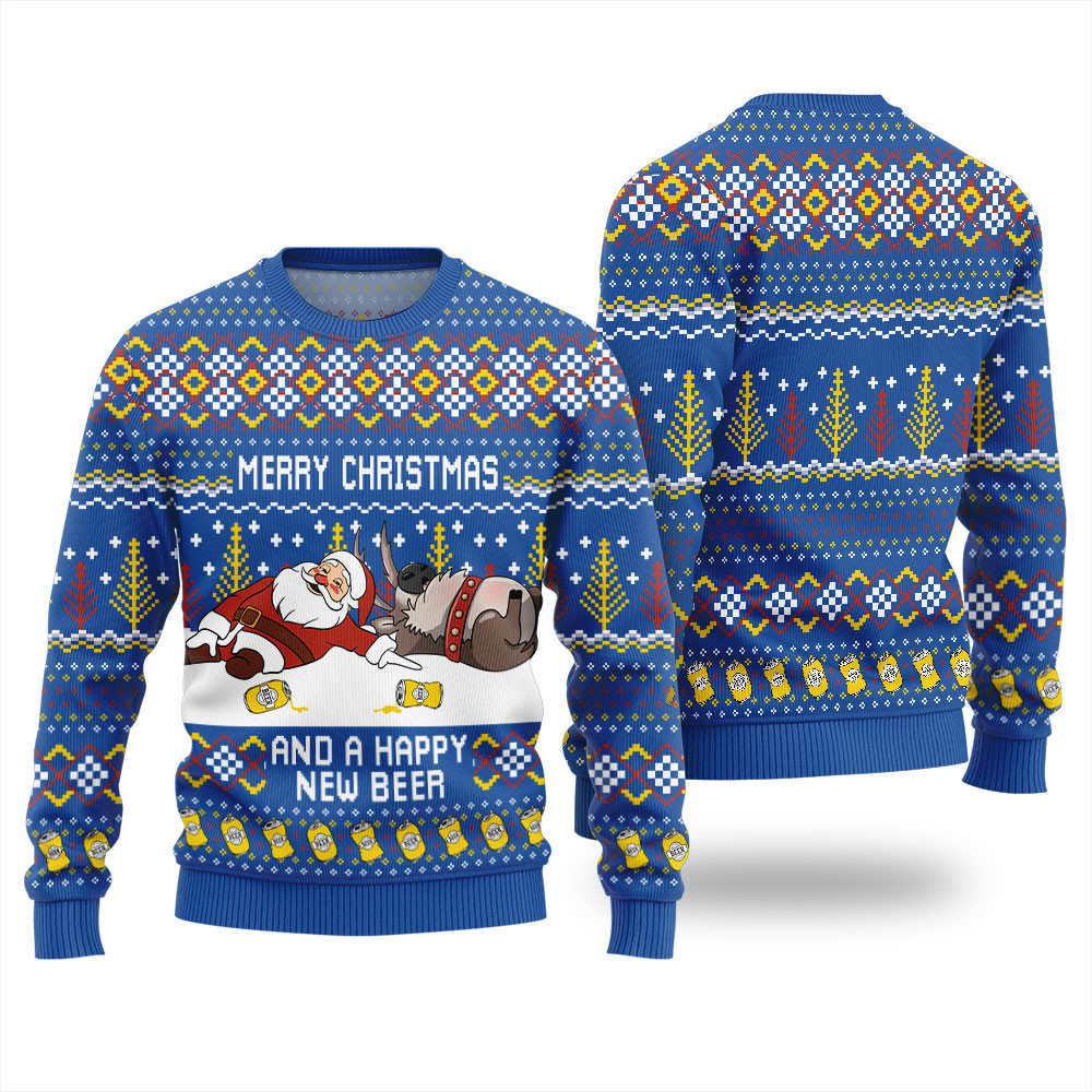 Merry Beermas and a Happy New Beer Ugly Christmas Sweater Blue