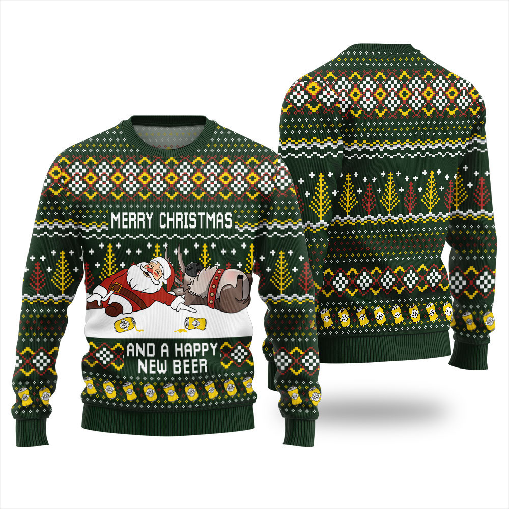 Merry Beermas and a Happy New Beer Ugly Christmas Sweater Green