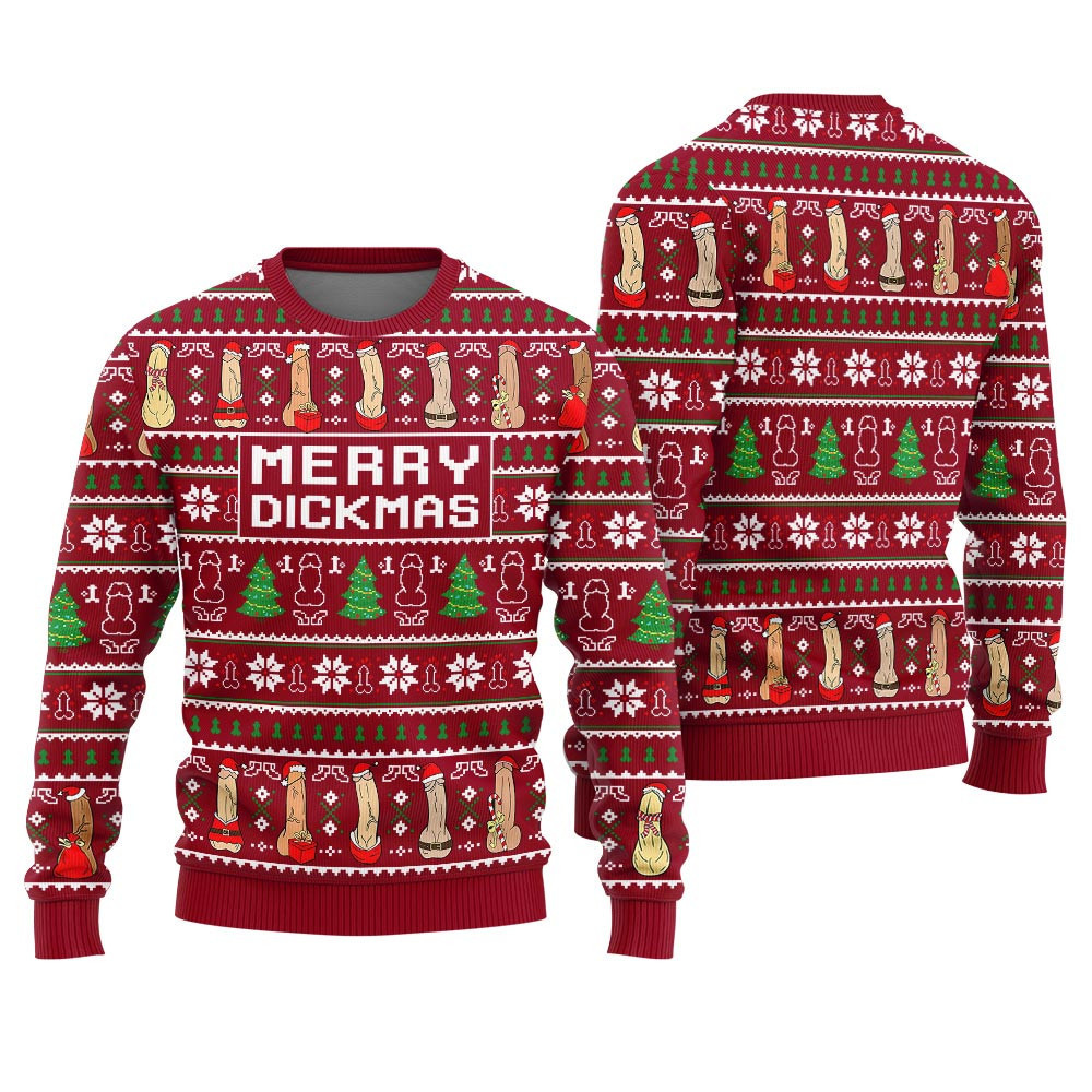Merry Dickmas Inappropriate Mens Ugly Christmas Sweater Red