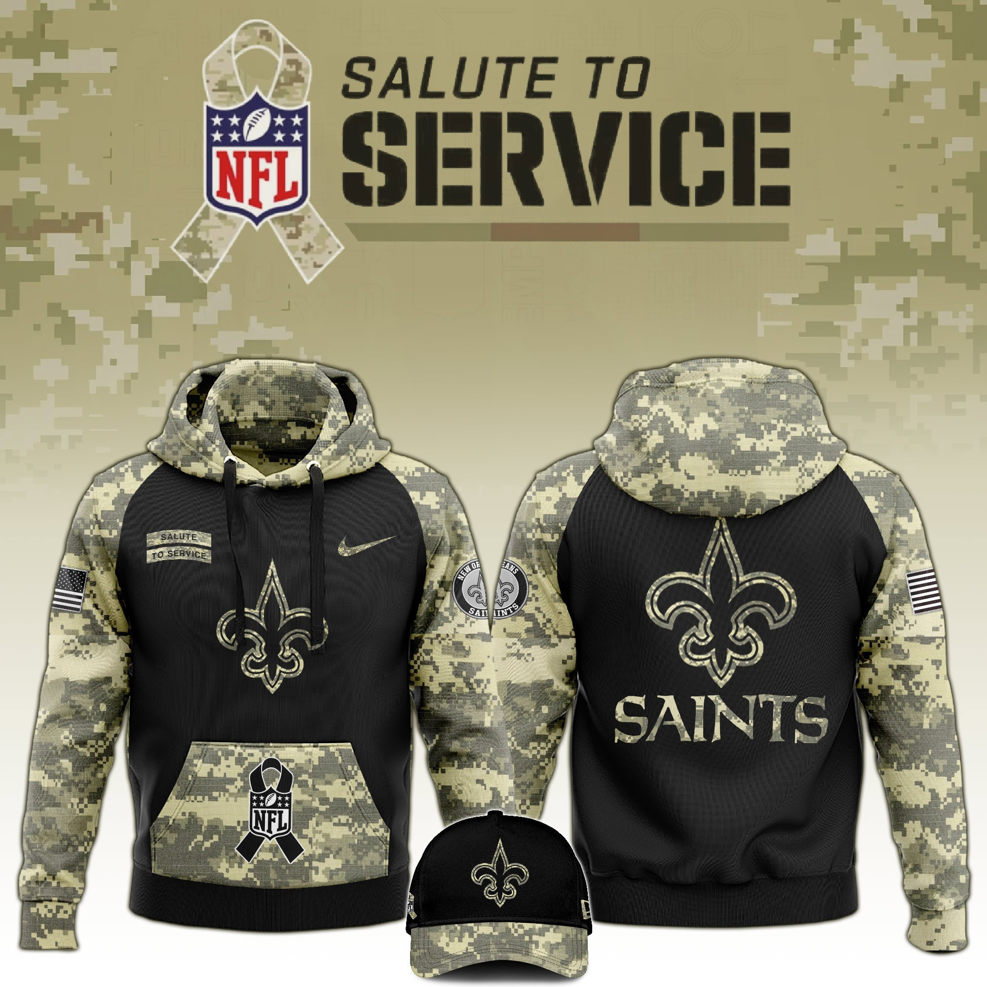 New Orleans Saints Salute to Service Club Camo Hoodie And Hat Unique Saints Shirt