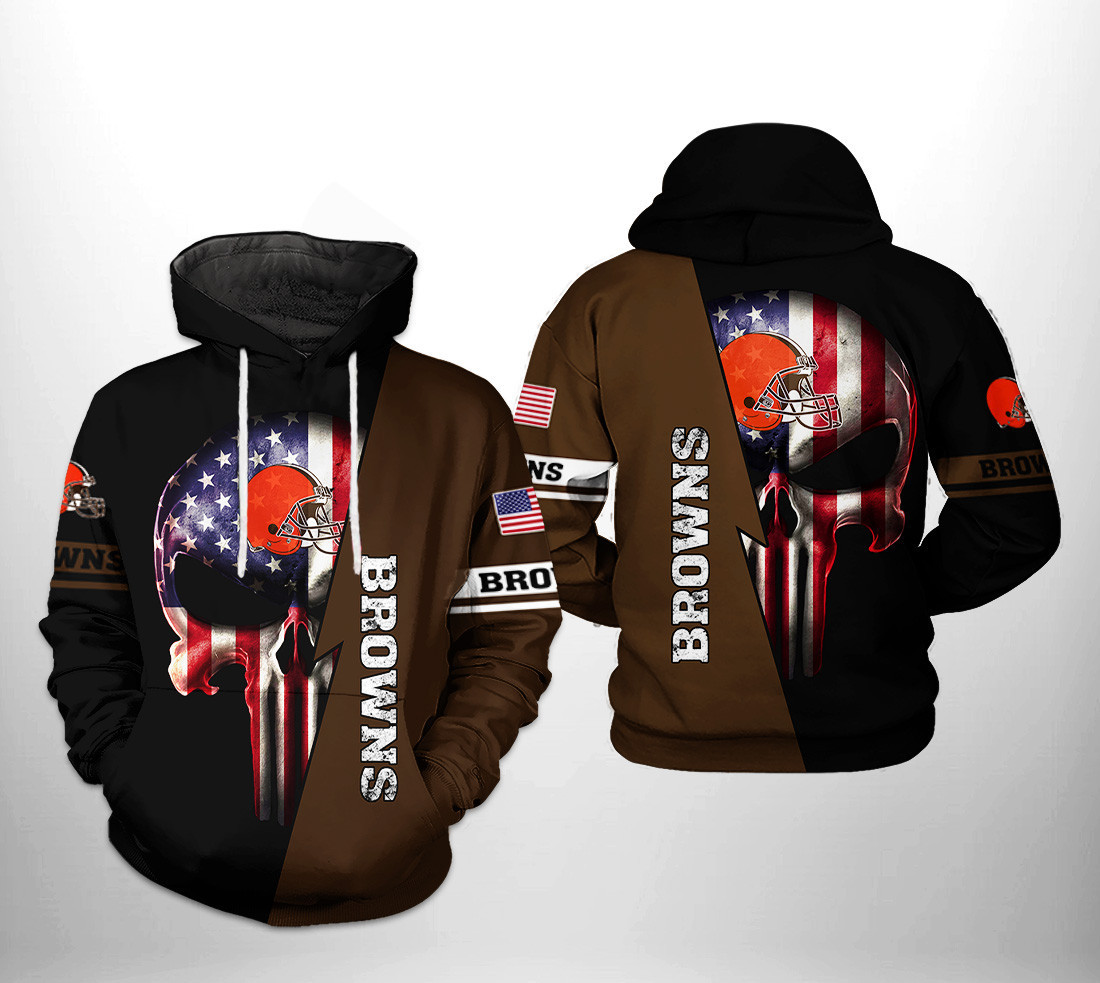NFL Cleveland Browns NFL US Flag Skull Team Hoodie Zip Hoodie