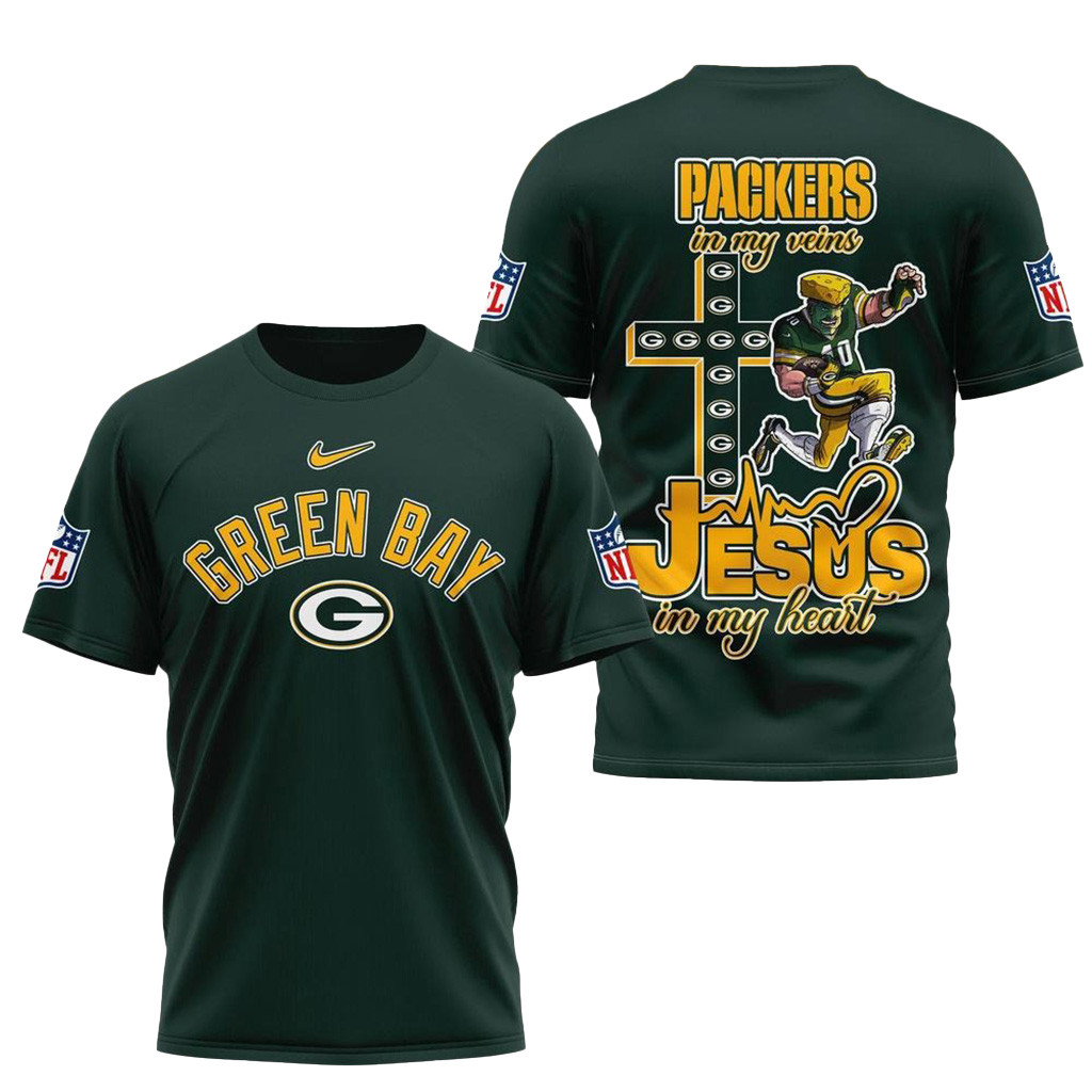 NFL Green Bay Packers Jesus In My Veins In My Heart Shirt Packers Merch For Fans
