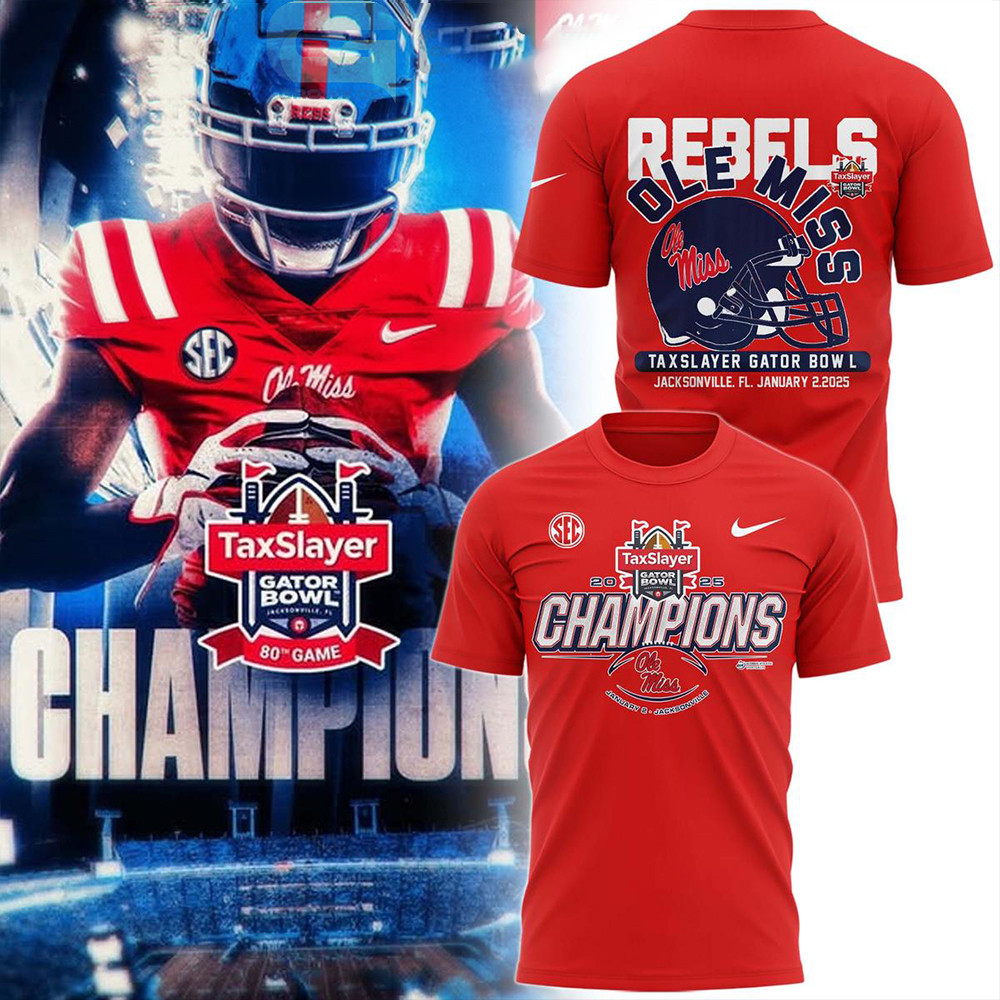 Ole Miss Rebels NCAA TaxSlayer Gator Bowl Champions 2025 Red Shirt Football Fan Gift Ideas