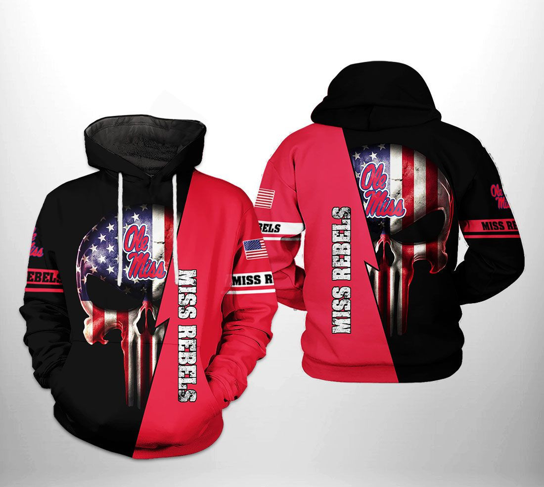 Ole Miss Rebels NCAA US Flag Skull Hoodie Zip Hoodie