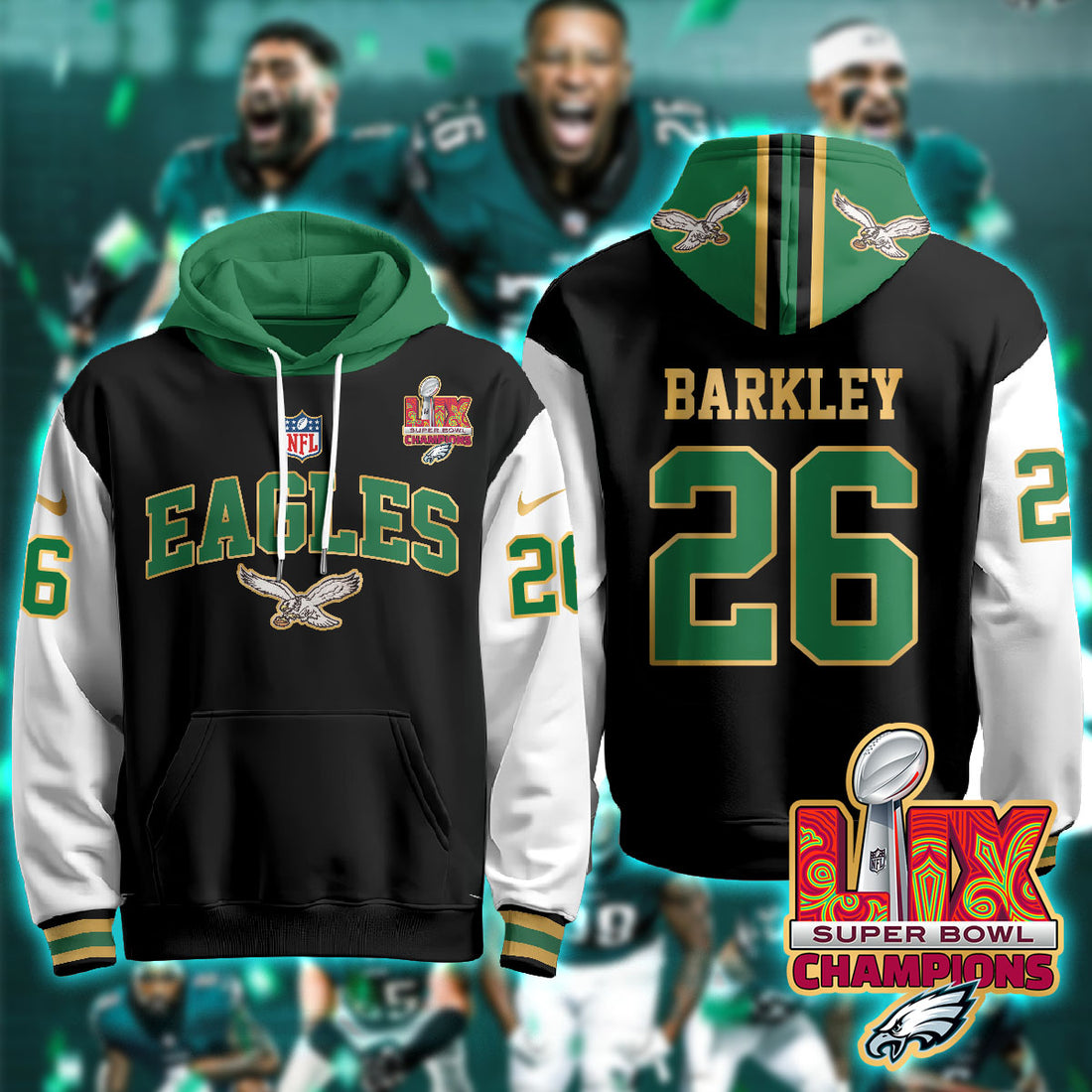 Philadelphia Eagles Barkley 26 Super Bowl LIX Champions Gold Black Alternate Hoodie
