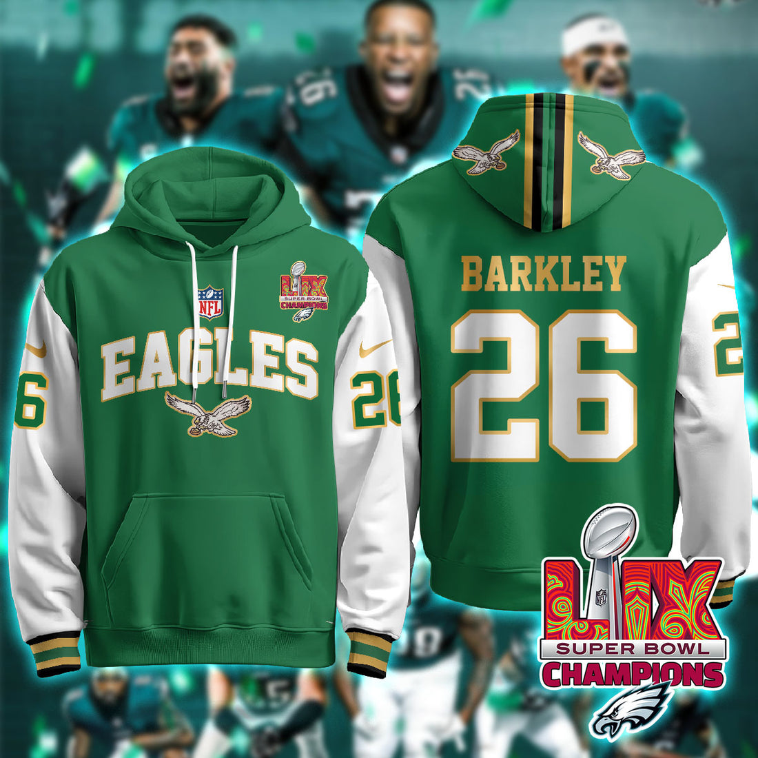 Philadelphia Eagles Barkley 26 Super Bowl LIX Champions Gold Green Alternate Hoodie