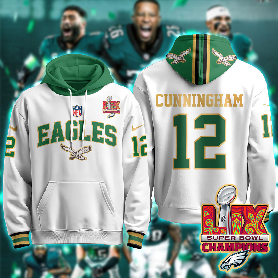 Philadelphia Eagles Cunningham 12 Super Bowl LIX Champions Gold White Hoodie