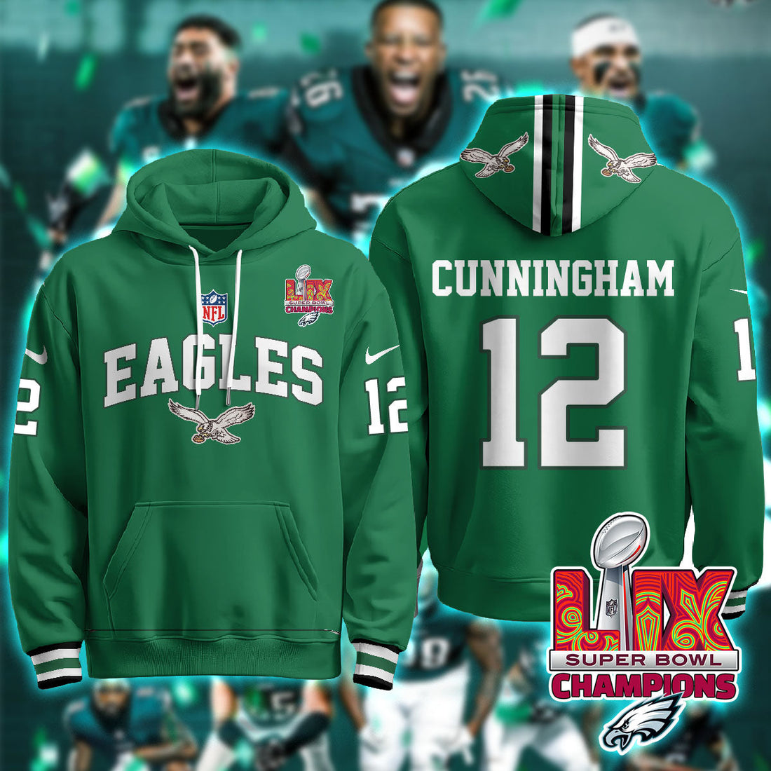 Philadelphia Eagles Cunningham 12 Super Bowl LIX Champions Green Hoodie