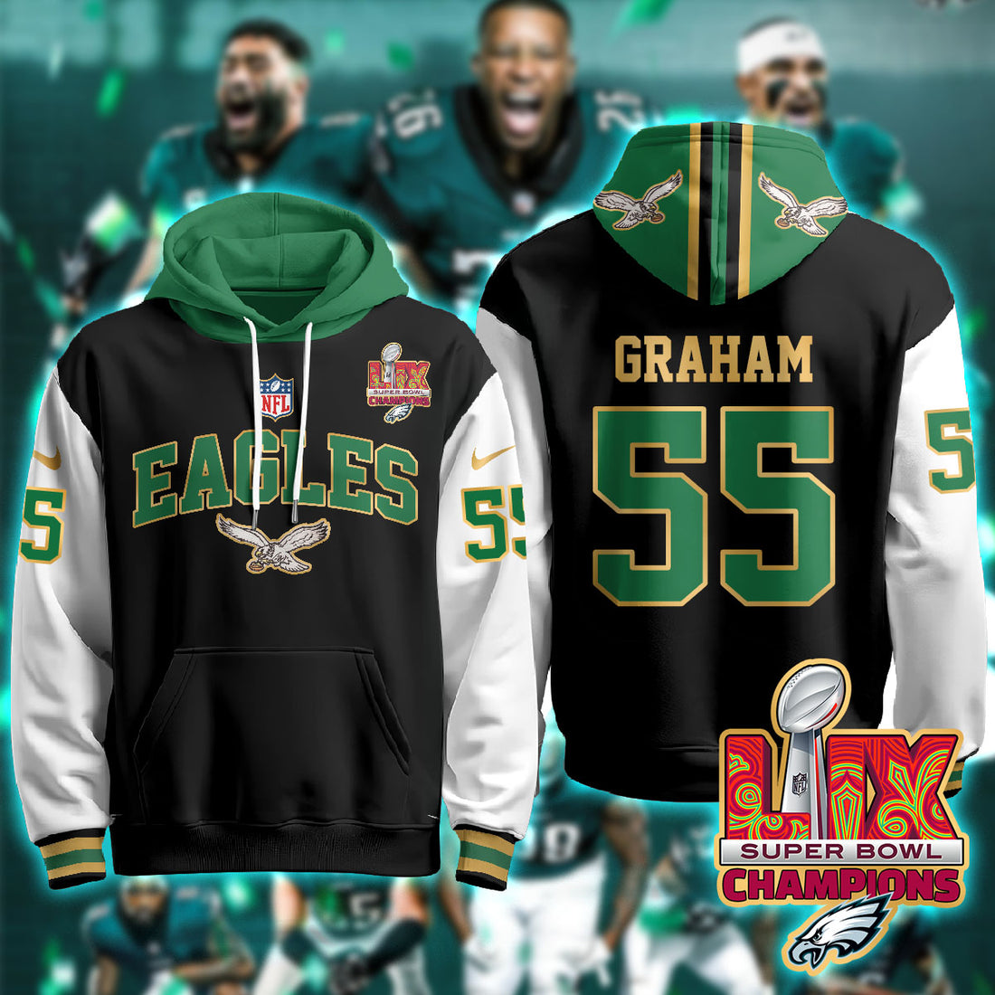 Philadelphia Eagles Graham 55 Super Bowl LIX Champions Gold Black Alternate Hoodie