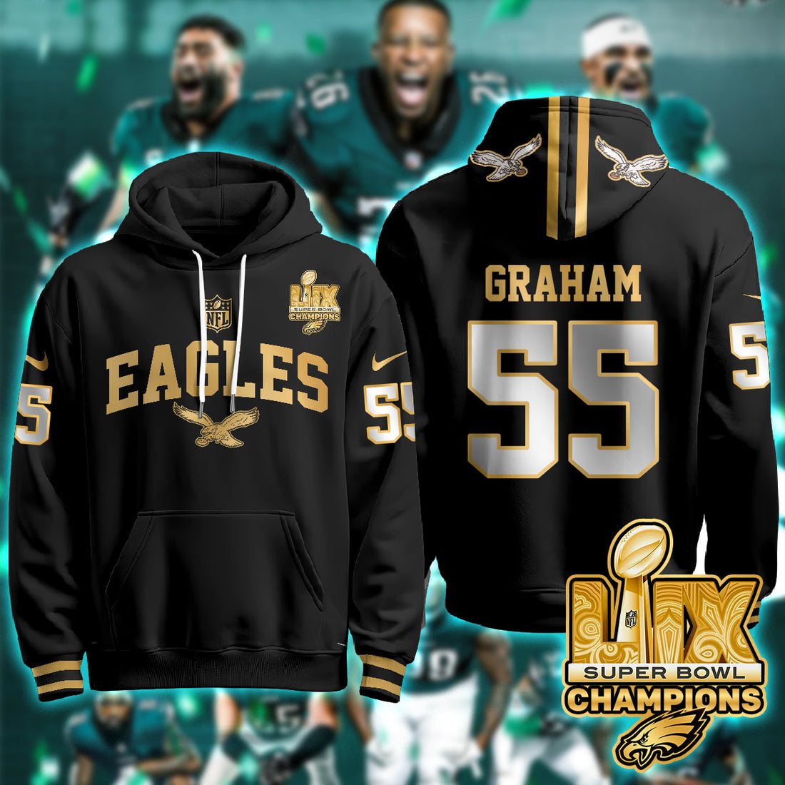 Philadelphia Eagles Graham 55 Super Bowl LIX Champions Gold Black Gold Hoodie