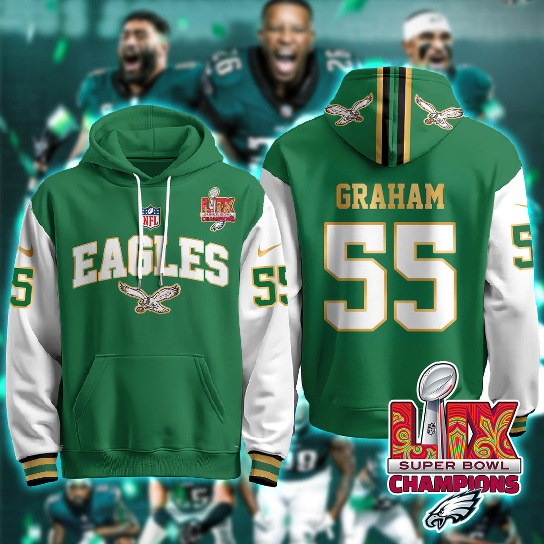 Philadelphia Eagles Graham 55 Super Bowl LIX Champions Gold Green Alternate Hoodie