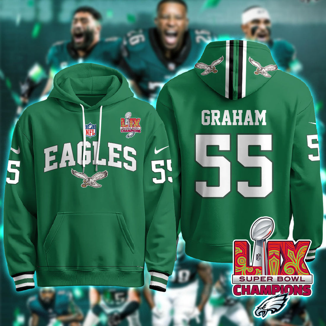 Philadelphia Eagles Graham 55 Super Bowl LIX Champions Green Hoodie