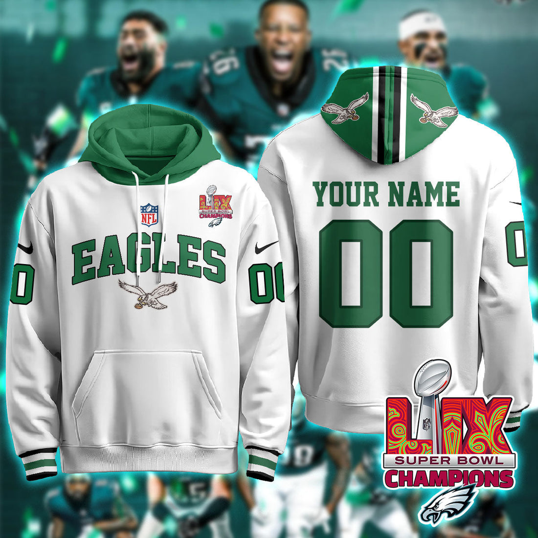 Philadelphia Eagles NFL Super Bowl LIX Champions Custom White Hoodie