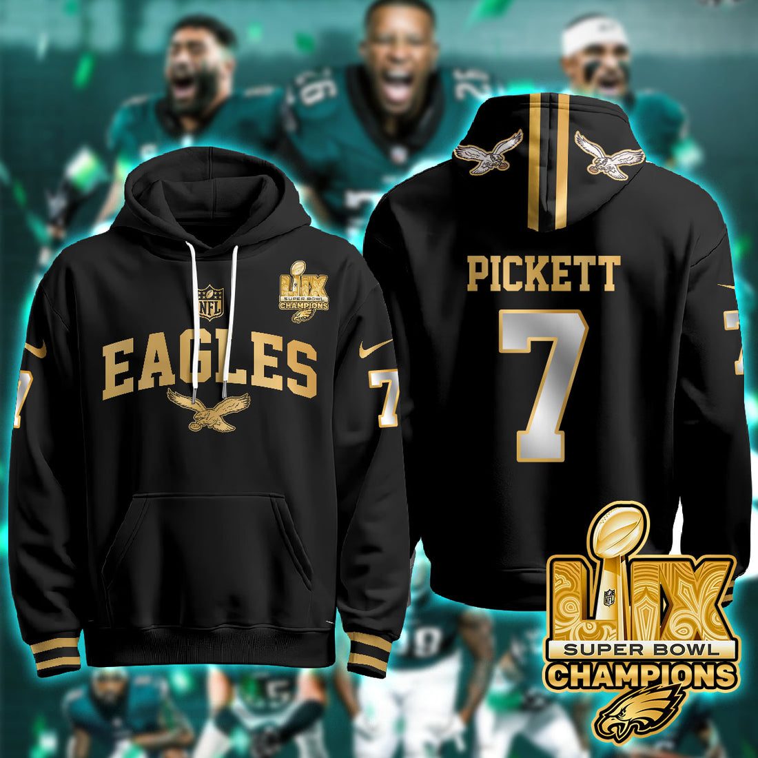 Philadelphia Eagles Pickett 7 Super Bowl LIX Champions Gold Black Gold Hoodie