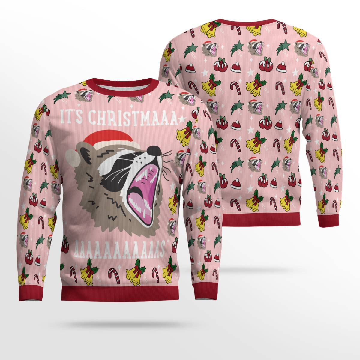 Raccoon Its Christmas Ugly Christmas Sweater Powder Pink