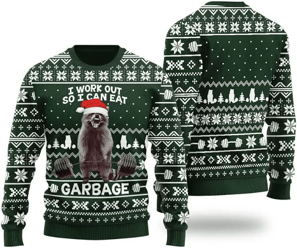 Racoon I Work Out So I Can Eat Garbage Merry Liftmas Ugly Christmas Sweater