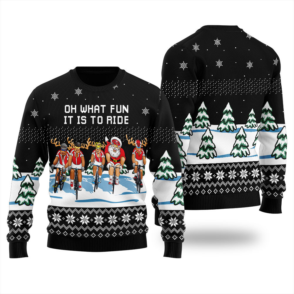 Raindeer and Santa Claus Oh What Fun It Is To Ride Ugly Christmas Sweater Black