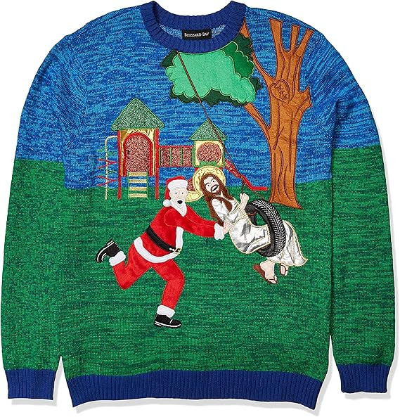 Santa and Jesus Tire Swing Twosome Ugly Christmas Sweater
