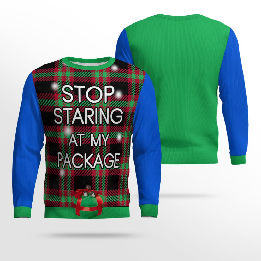 Stop Staring at My Package Ugly Christmas Sweater Blue
