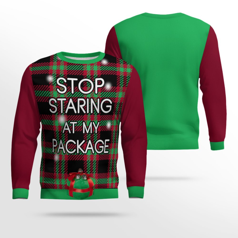 Stop Staring at My Package Ugly Christmas Sweater Burgundy