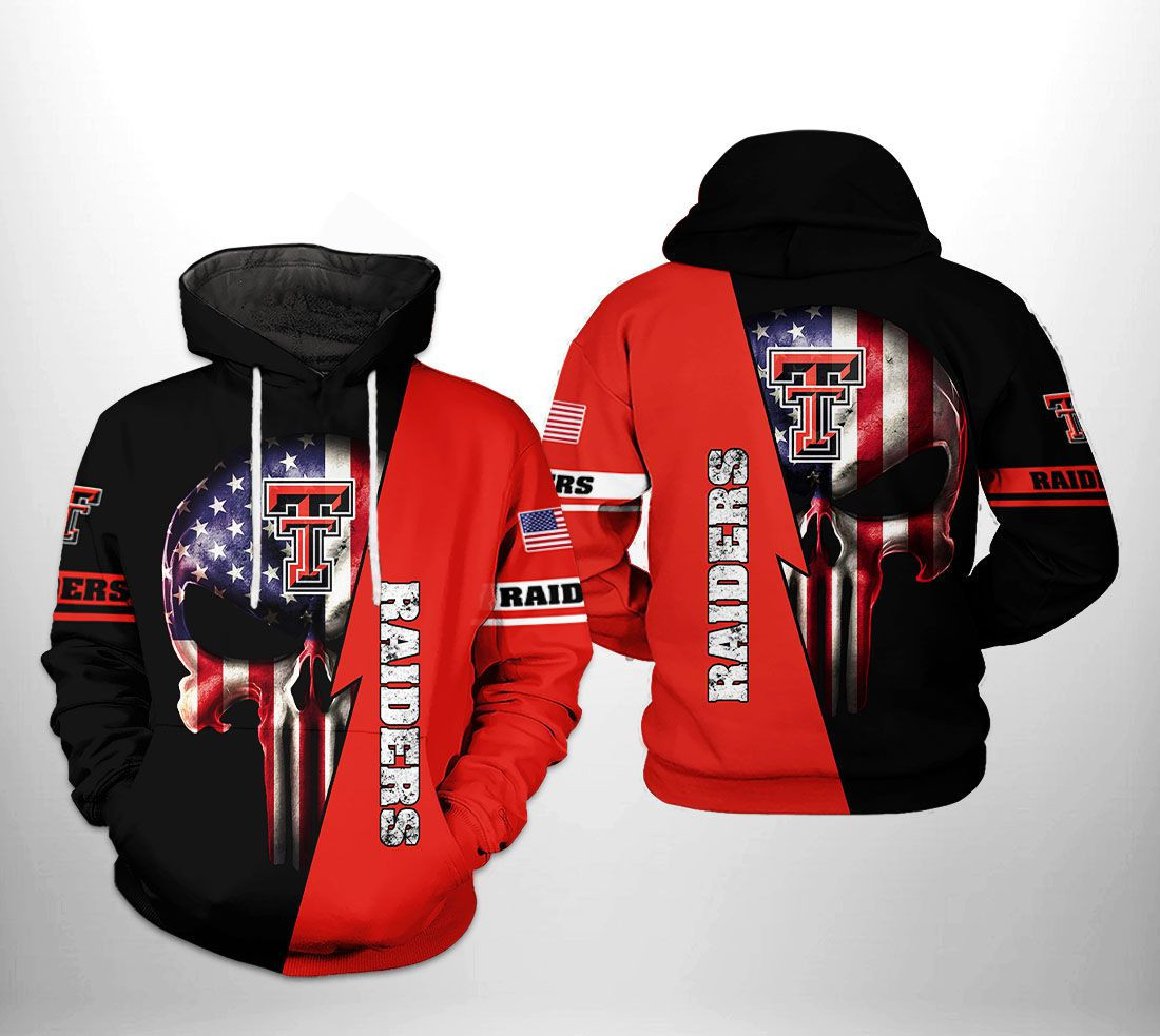 Texas Tech Red Raiders NCAA US Flag Skull Hoodie Zip Hoodie