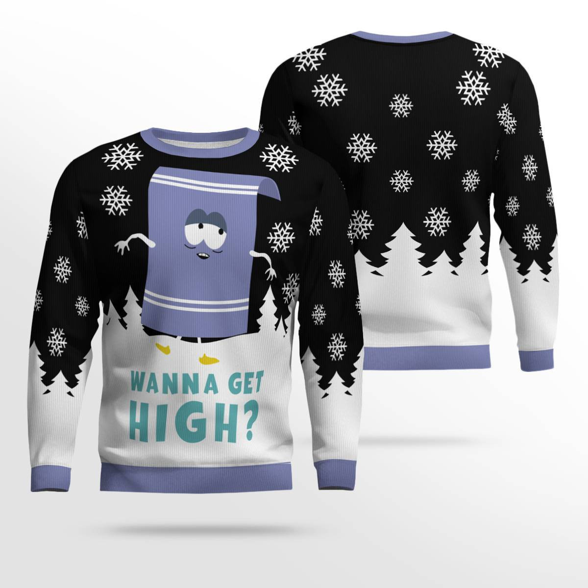 Towelie Red Eyes Wanna Get High Ugly Christmas Sweater Black