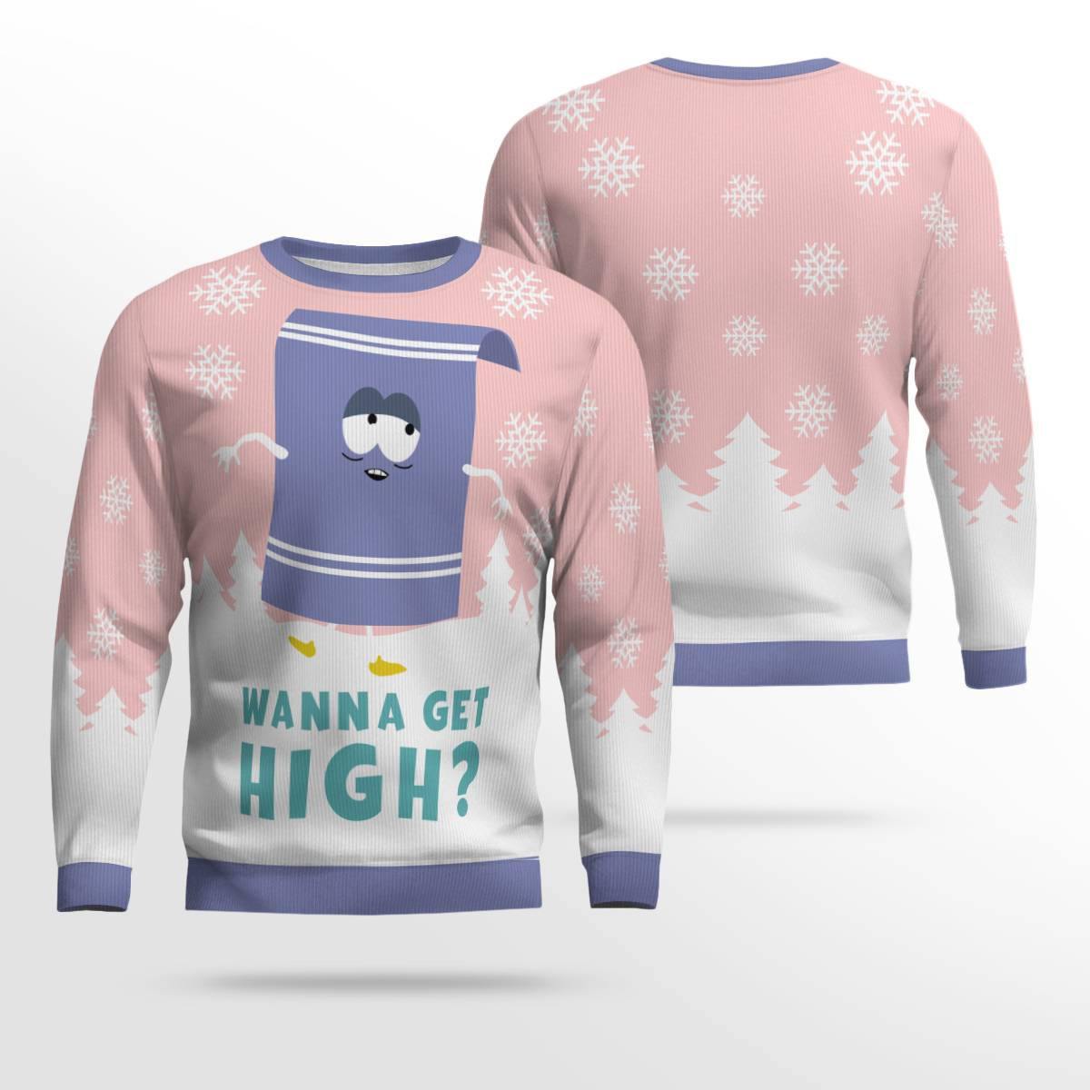Towelie Red Eyes Wanna Get High Ugly Christmas Sweater Powder Pink