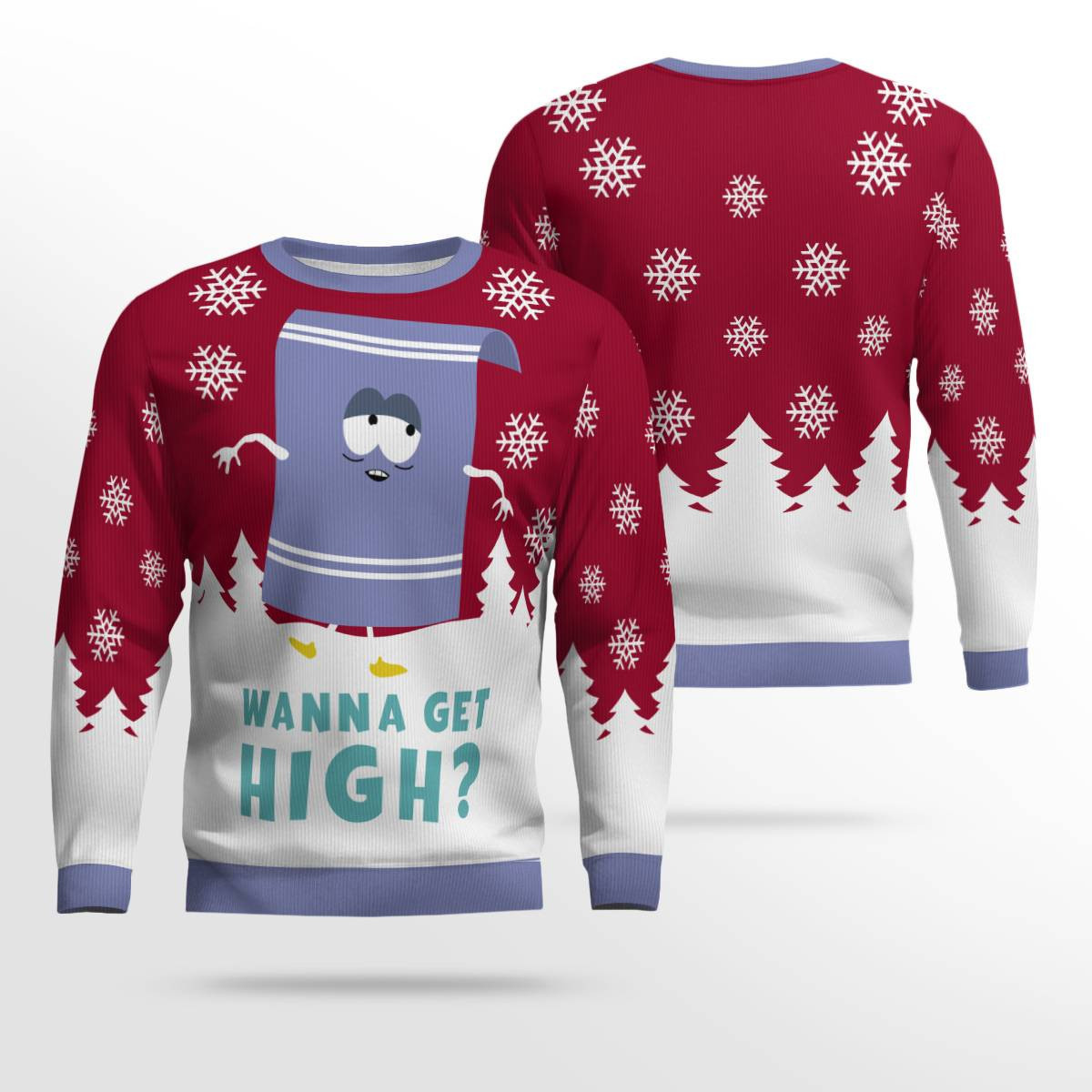 Towelie Red Eyes Wanna Get High Ugly Christmas Sweater Red