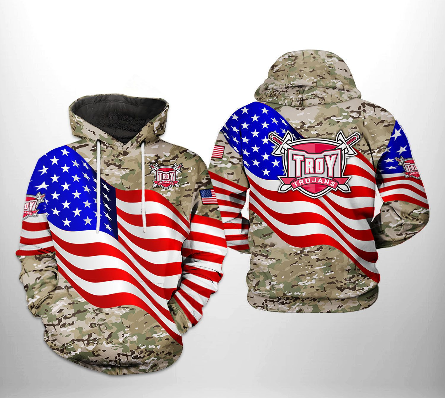 Troy Trojans NCAA US Flag Camo Veteran Hoodie Zip Hoodie