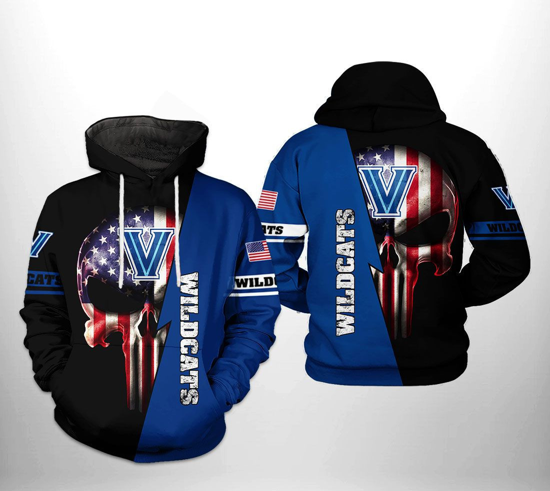 Villanova Wildcats NCAA US Flag Skull Hoodie Zip Hoodie